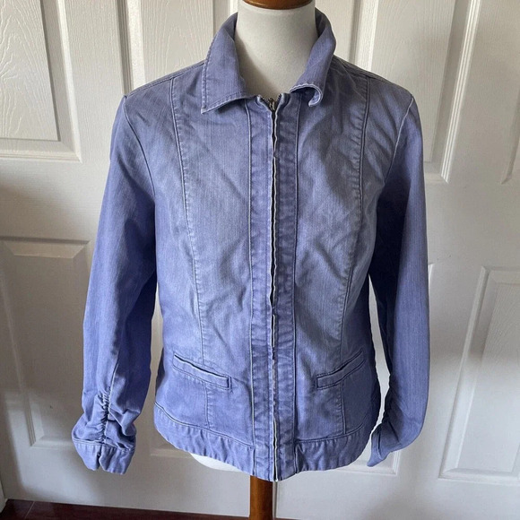 Chicos Platinum Womens Ruched Jacket Sz 2 US 12 Zip Pockets Blue Denim Chic - Picture 1 of 12